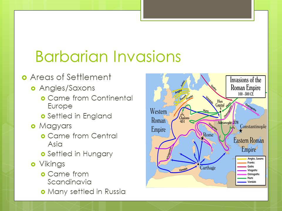 Barbarian Invasions Areas of Settlement Angles/Saxons Magyars Vikings