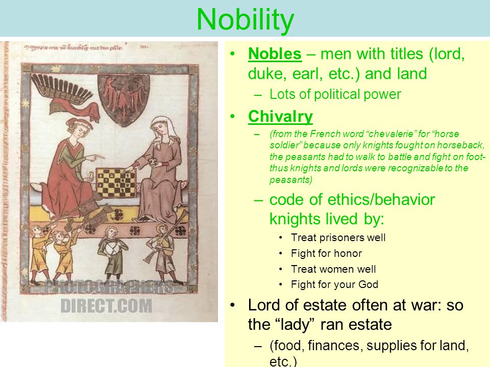 Nobility Nobles – men with titles (lord, duke, earl, etc.) and land