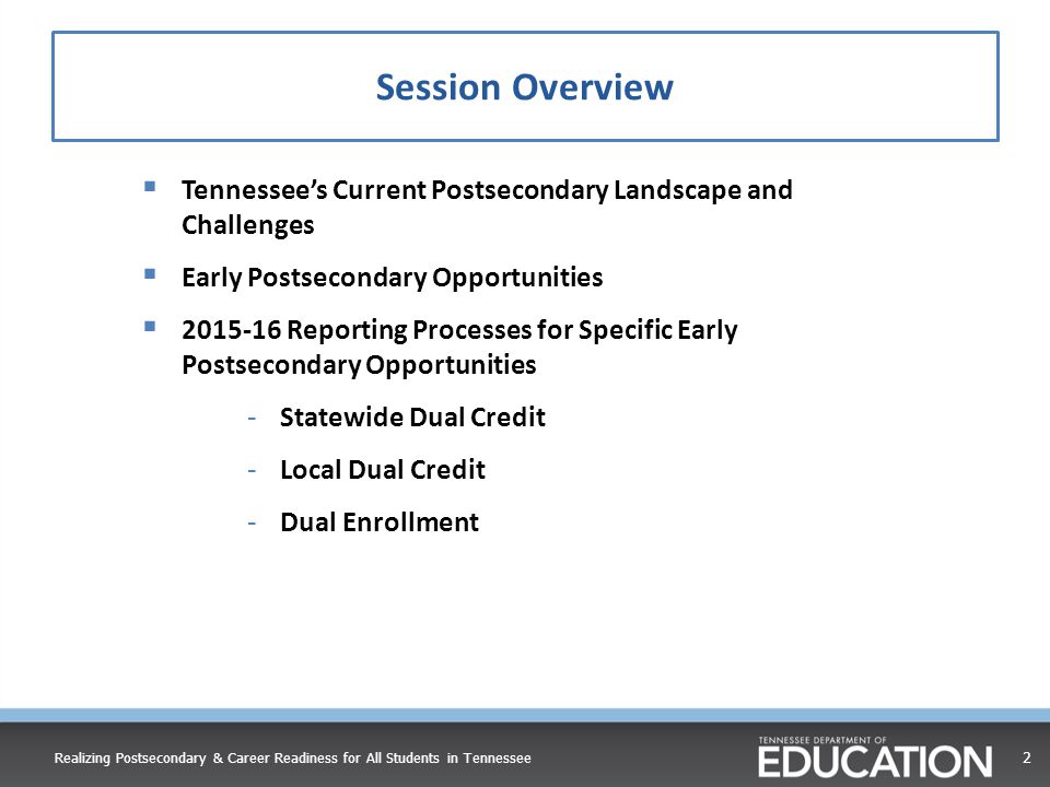 Session Overview Tennessee’s Current Postsecondary Landscape and Challenges. Early Postsecondary Opportunities.