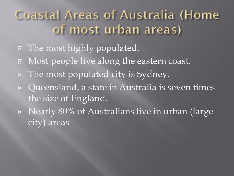 Coastal Areas of Australia (Home of most urban areas)