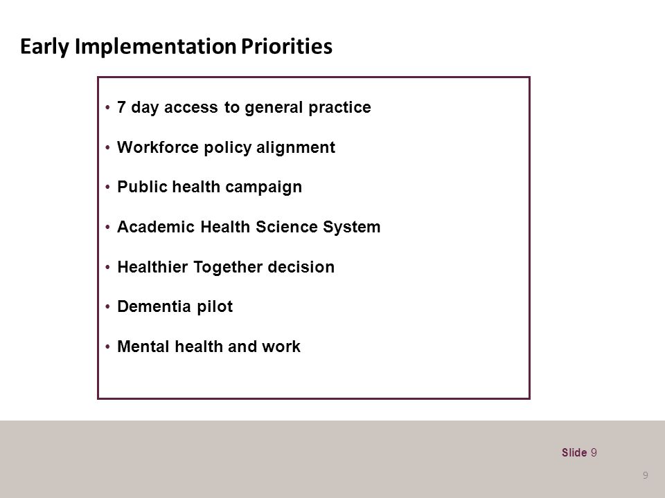 Early Implementation Priorities