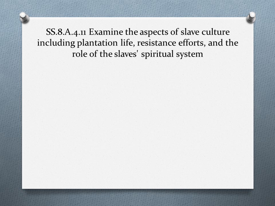 SS.8.A.4.11 Examine the aspects of slave culture including plantation life, resistance efforts, and the role of the slaves spiritual system
