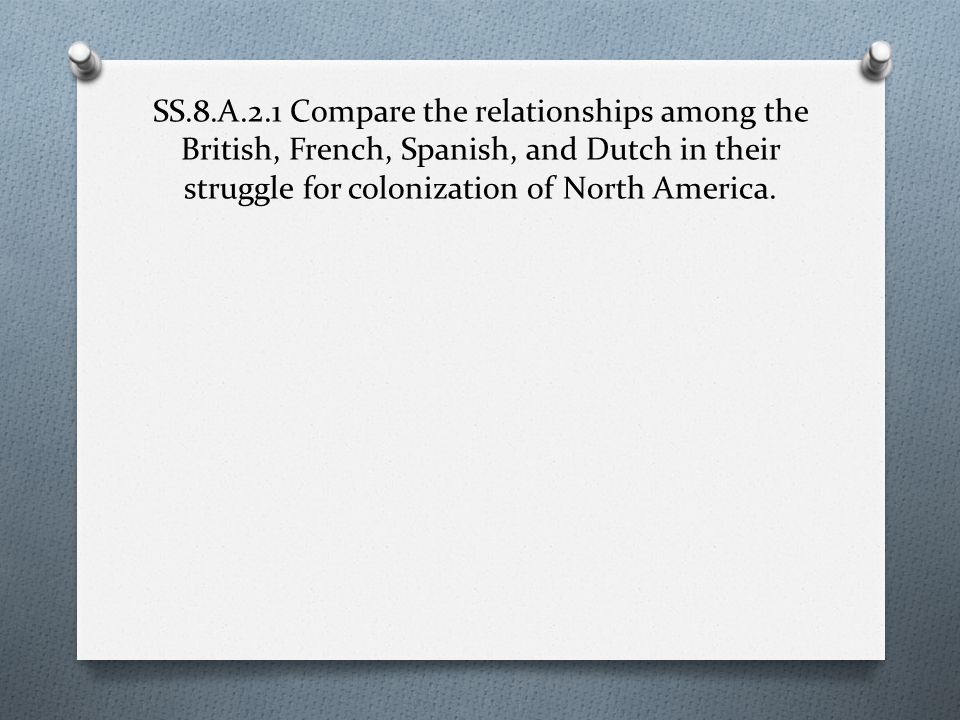 SS.8.A.2.1 Compare the relationships among the British, French, Spanish, and Dutch in their struggle for colonization of North America.