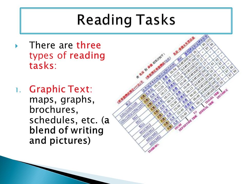 Reading Tasks There are three types of reading tasks: