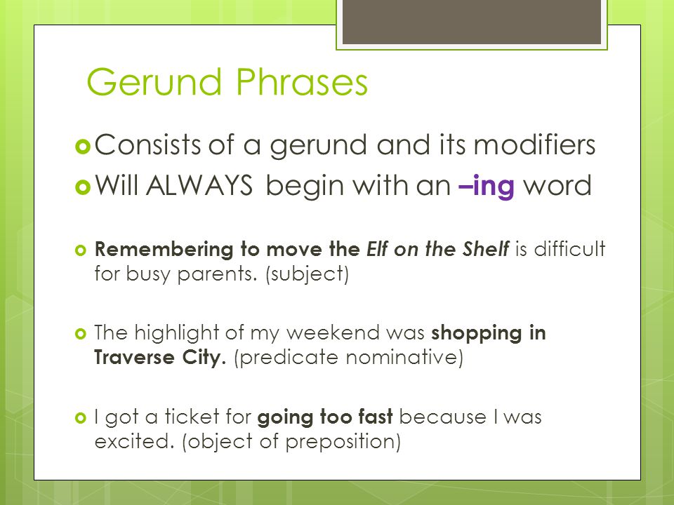 Gerund Phrases Consists of a gerund and its modifiers