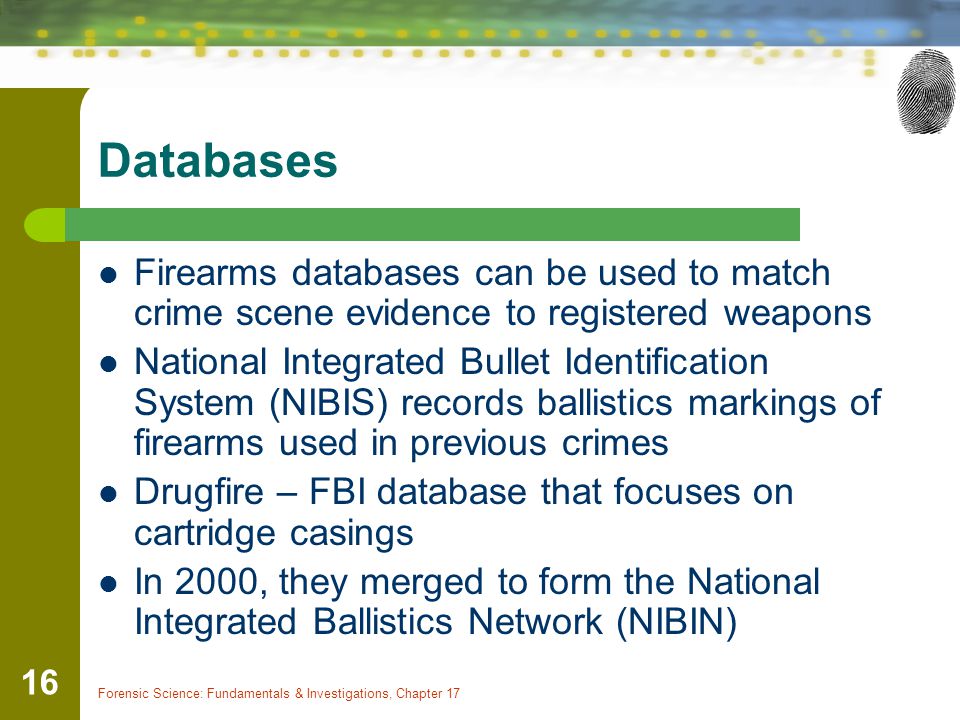 Databases Firearms databases can be used to match crime scene evidence to registered weapons.