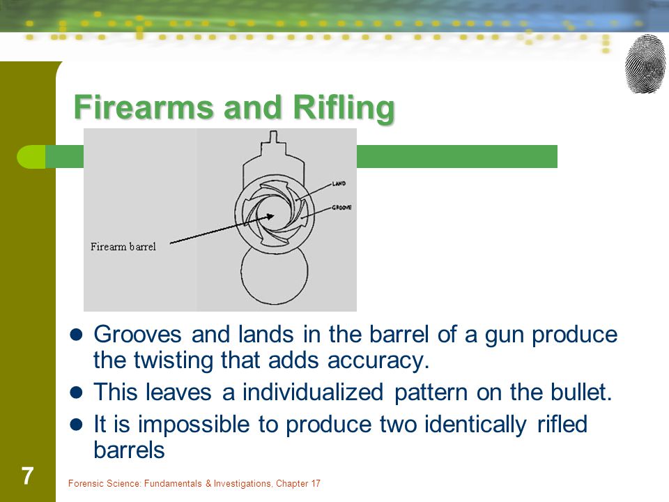 Firearms and Rifling Grooves and lands in the barrel of a gun produce the twisting that adds accuracy.