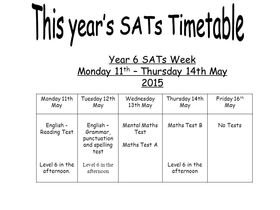 This year’s SATs Timetable