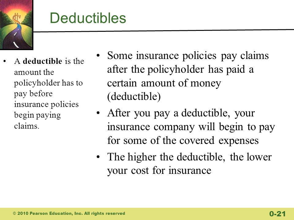 Deductibles Some insurance policies pay claims after the policyholder has paid a certain amount of money (deductible)