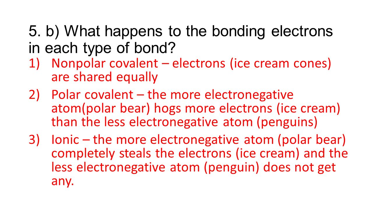 5. b) What happens to the bonding electrons in each type of bond