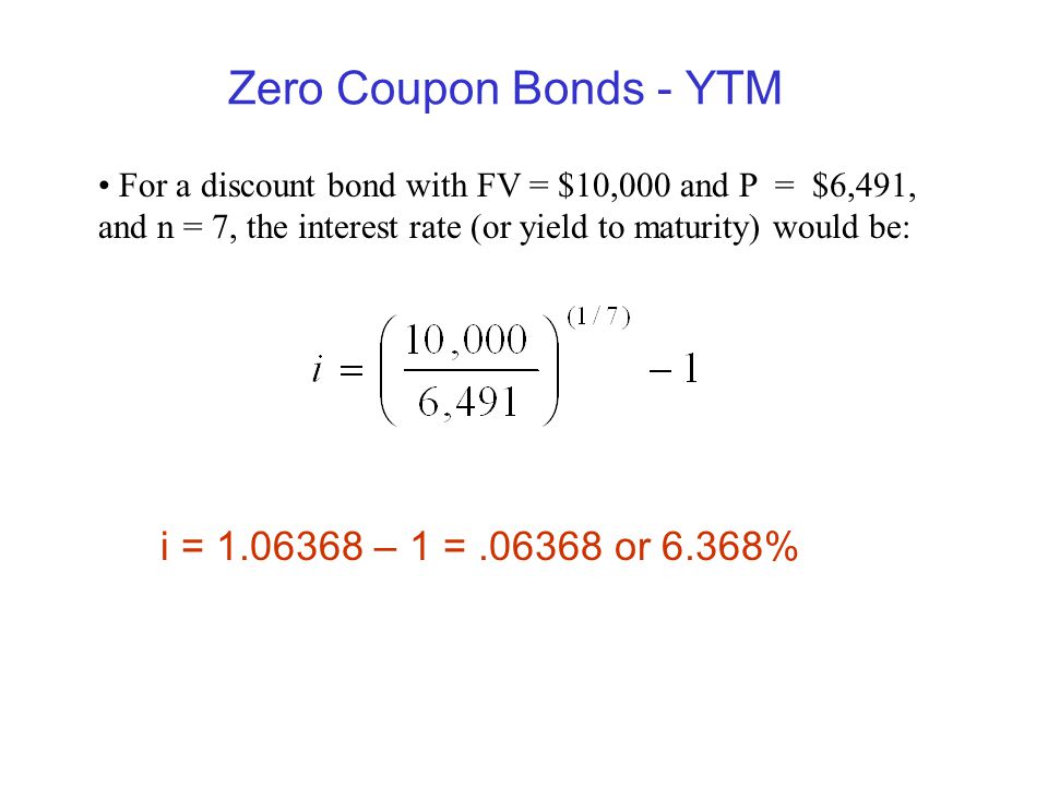 Zero Coupon Bonds - YTM i = – 1 = or 6.368%