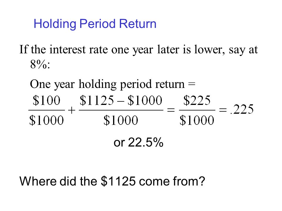 Holding Period Return If the interest rate one year later is lower, say at 8%: One year holding period return =