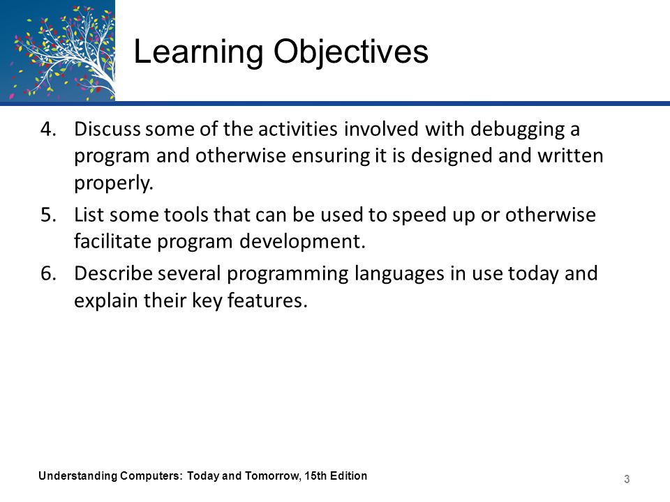 Learning Objectives Discuss some of the activities involved with debugging a program and otherwise ensuring it is designed and written properly.