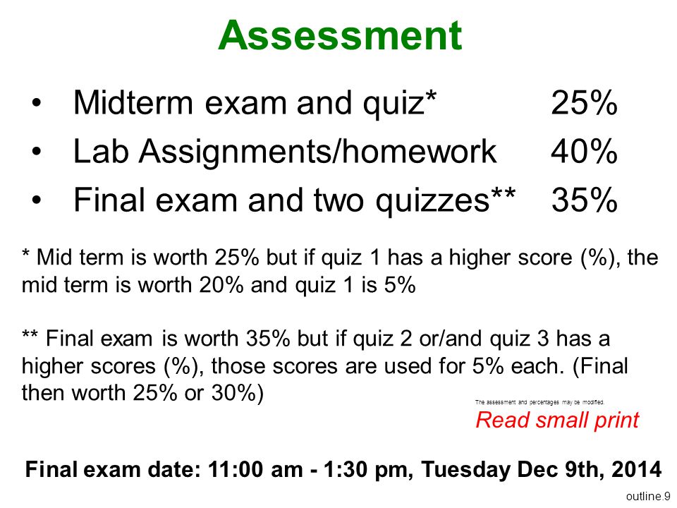 Assessment Midterm exam and quiz* 25% Lab Assignments/homework 40%