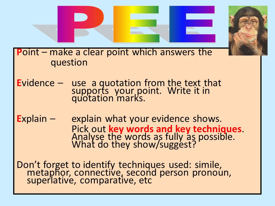 PEE Point – make a clear point which answers the question
