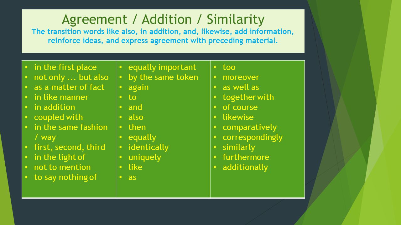 Agreement / Addition / Similarity The transition words like also, in addition, and, likewise, add information, reinforce ideas, and express agreement with preceding material.