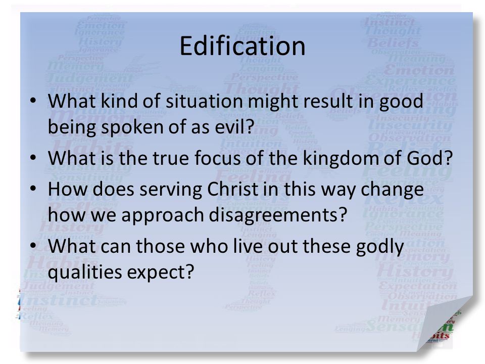Edification What kind of situation might result in good being spoken of as evil What is the true focus of the kingdom of God
