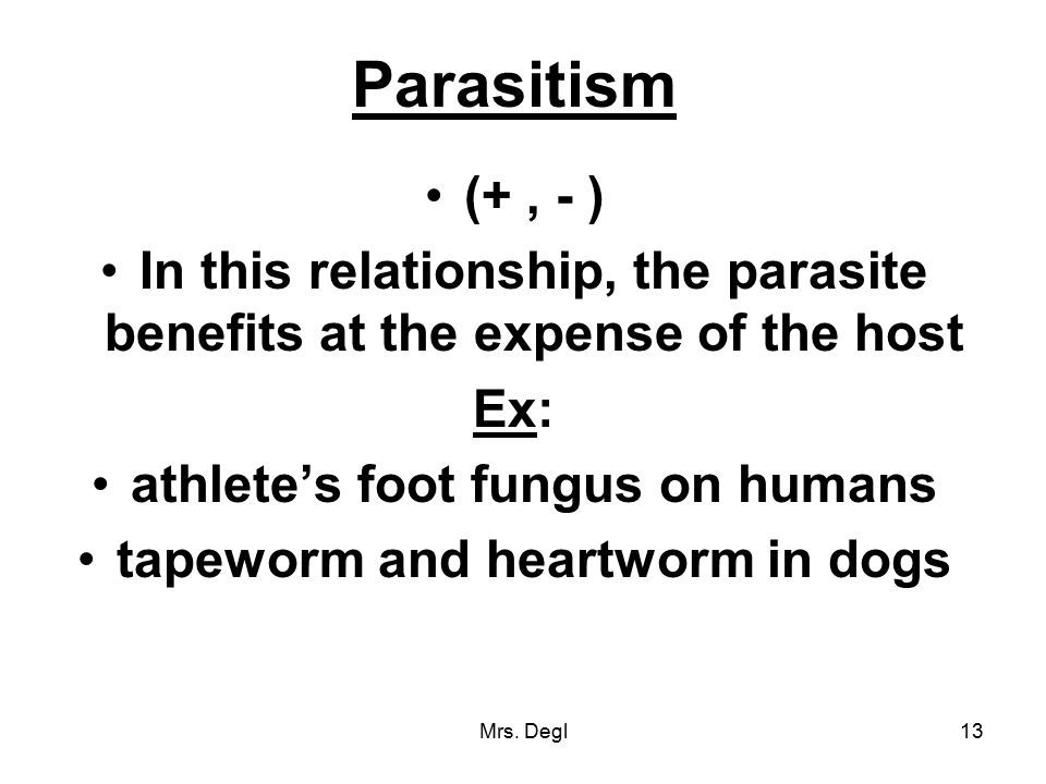 Parasitism (+ , - ) In this relationship, the parasite benefits at the expense of the host. Ex: athlete’s foot fungus on humans.