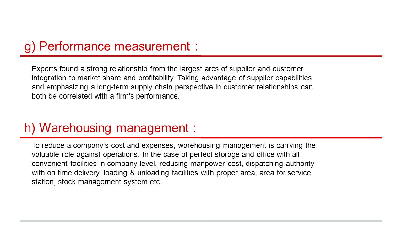 g) Performance measurement :