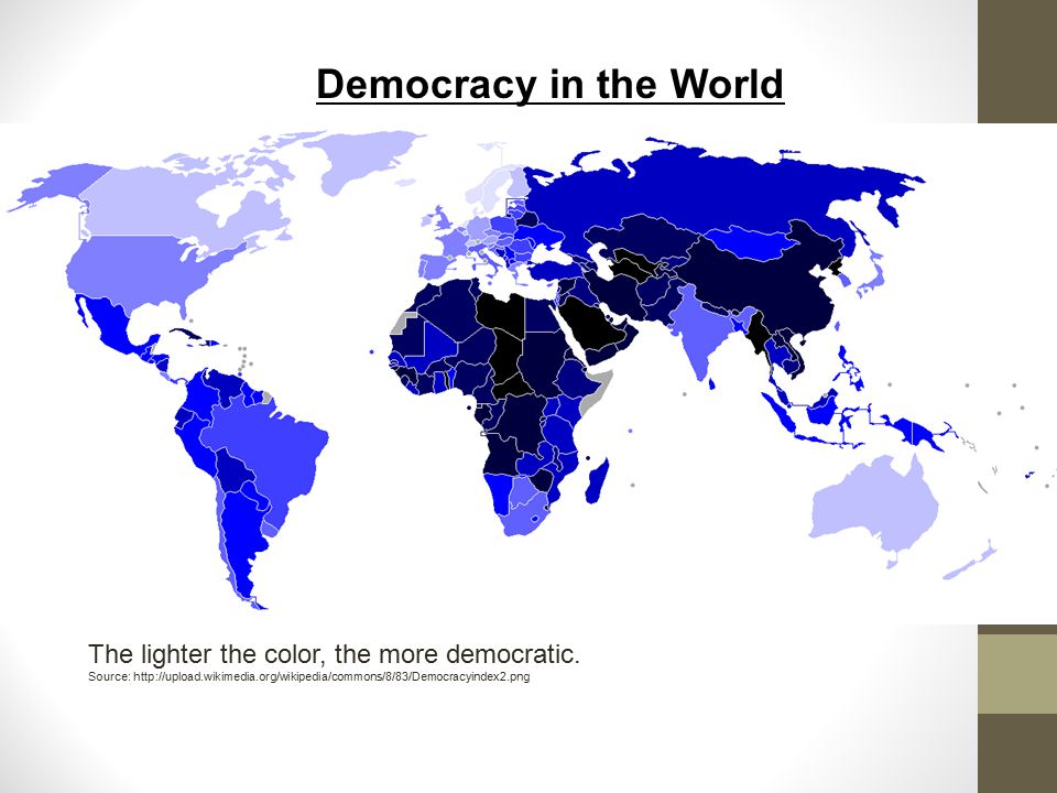 Democracy in the World The lighter the color, the more democratic. 18