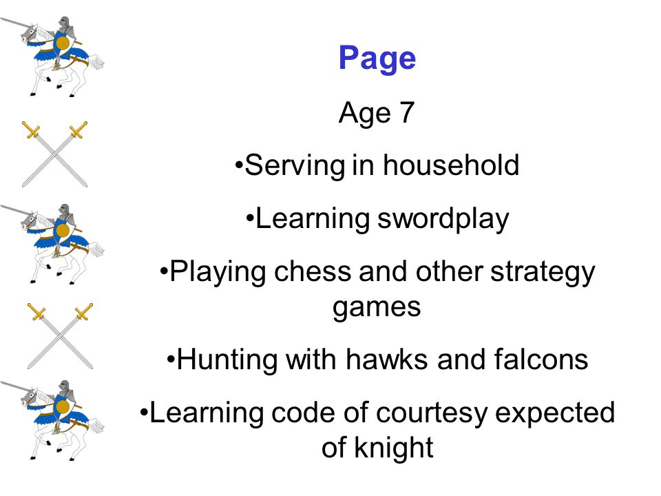 Page Age 7 Serving in household Learning swordplay