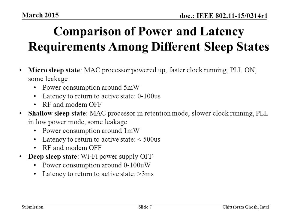 March 2015 Comparison of Power and Latency Requirements Among Different Sleep States.