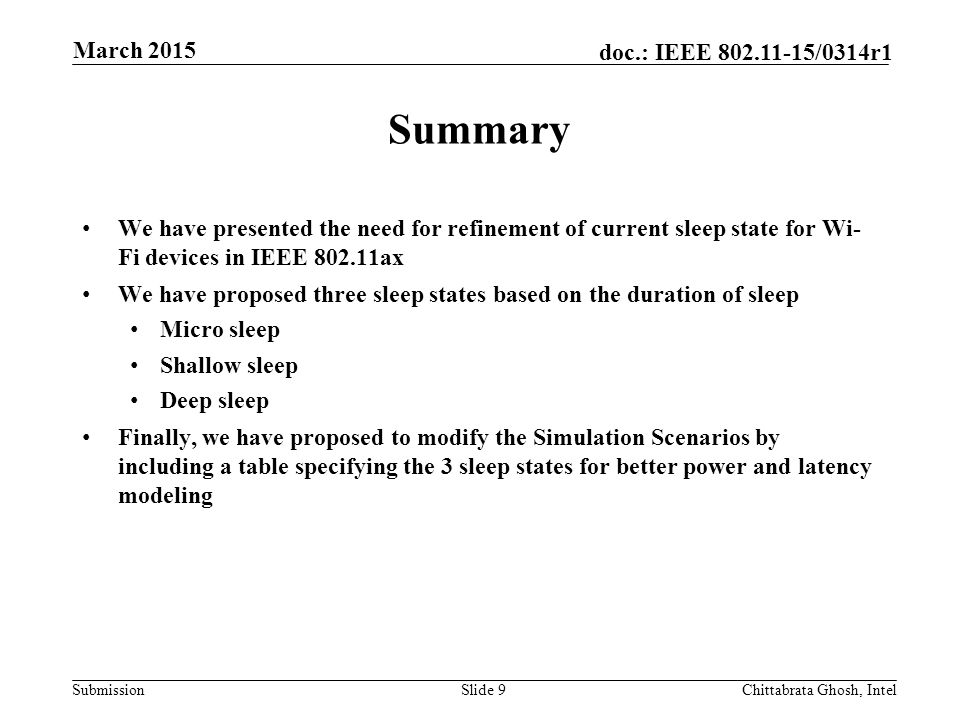 March 2015 Summary. We have presented the need for refinement of current sleep state for Wi- Fi devices in IEEE ax.