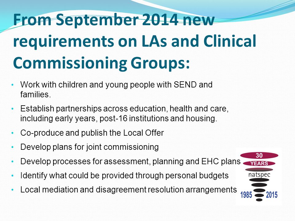 From September 2014 new requirements on LAs and Clinical Commissioning Groups: