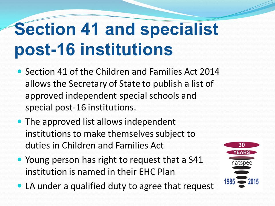 Section 41 and specialist post-16 institutions