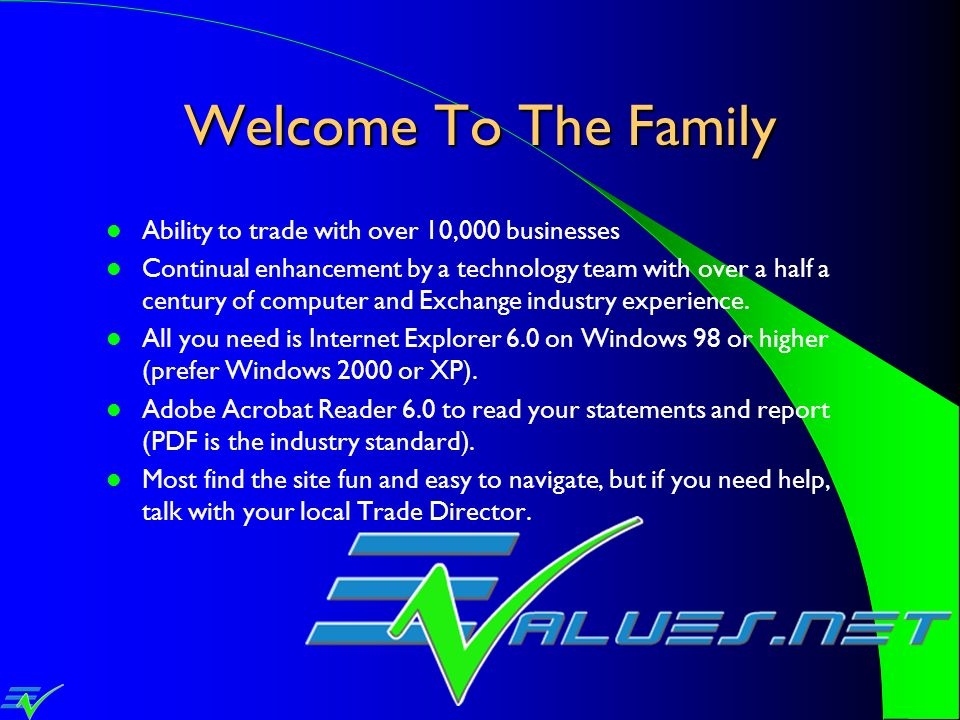Welcome To The Family Ability to trade with over 10,000 businesses