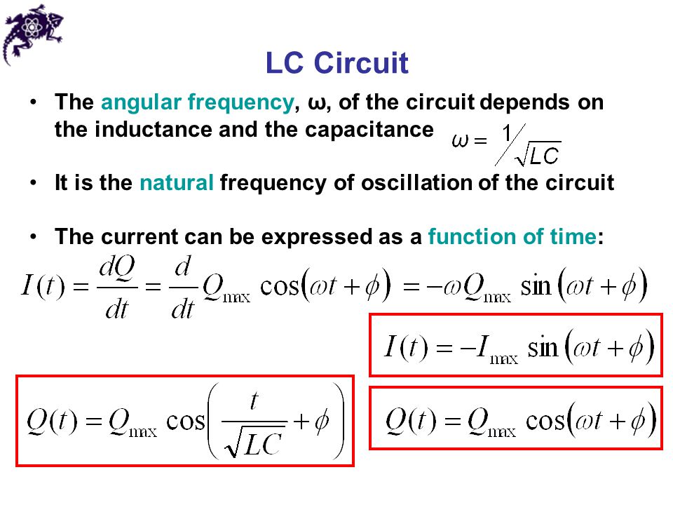 LC Circuit The angular frequency, ω, of the circuit depends on the inductance and the capacitance.