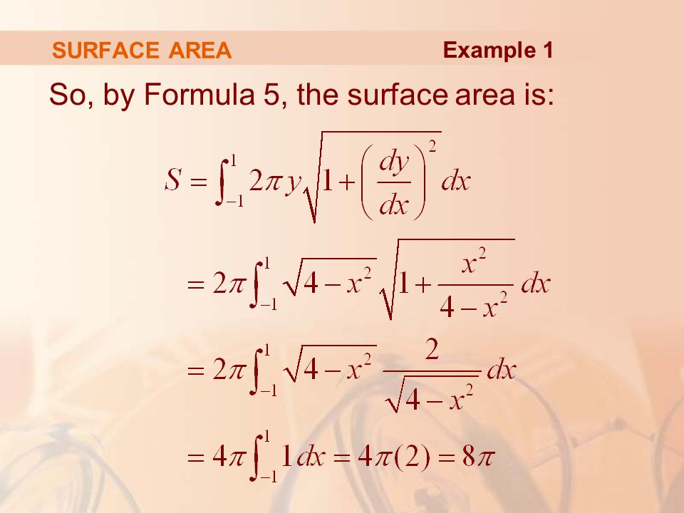 So, by Formula 5, the surface area is: