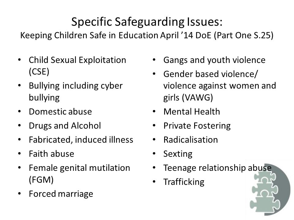 Specific Safeguarding Issues: Keeping Children Safe in Education April ’14 DoE (Part One S.25)