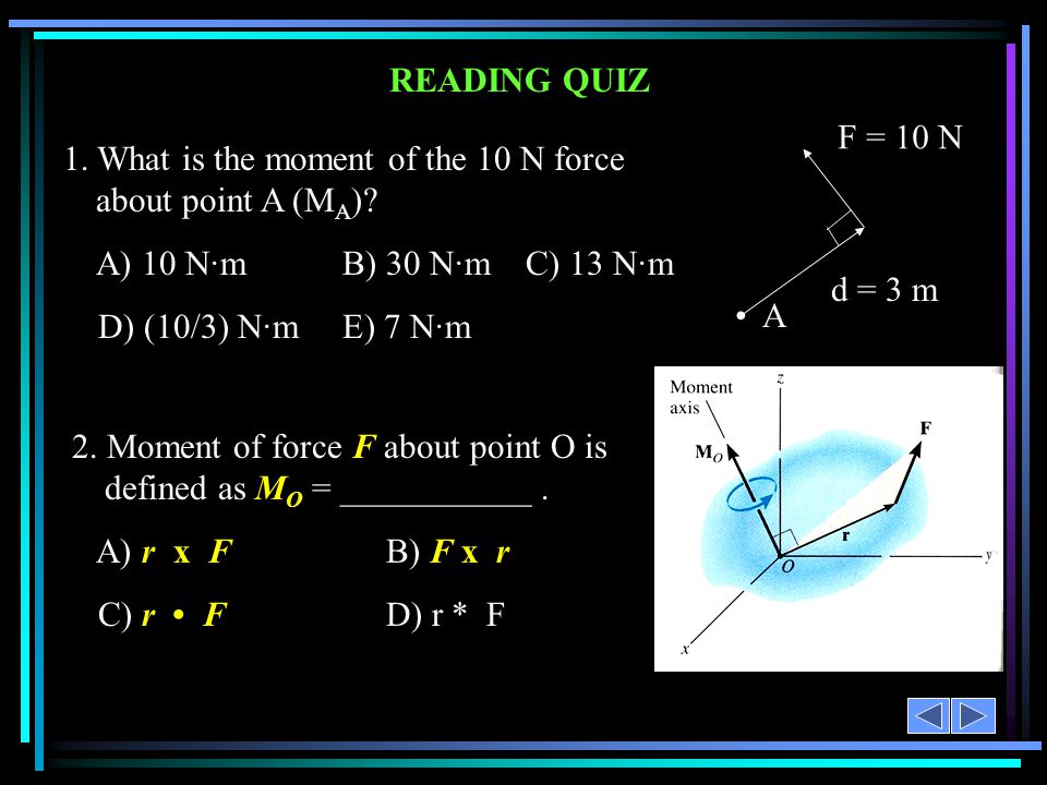 1. What is the moment of the 10 N force about point A (MA)