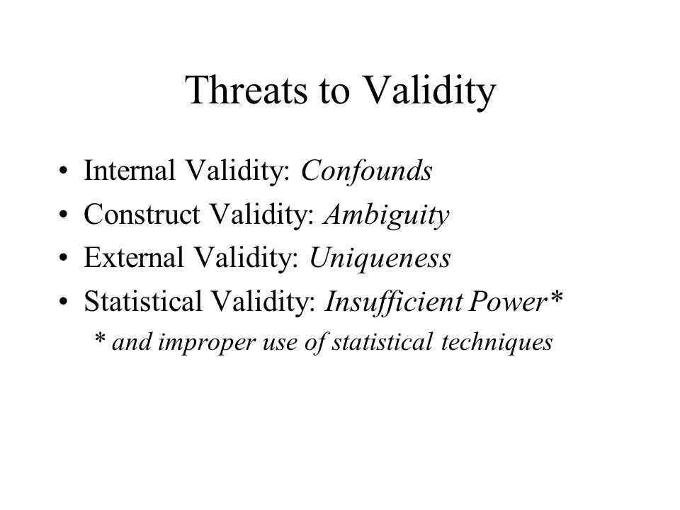 Threats to Validity Internal Validity: Confounds
