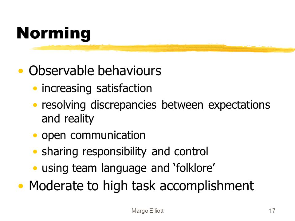 Norming Observable behaviours Moderate to high task accomplishment
