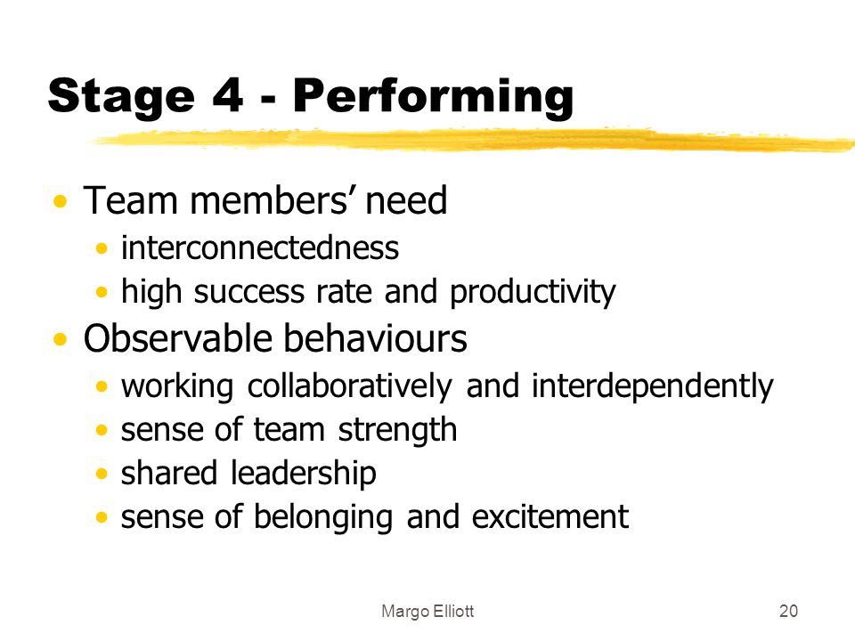 Stage 4 - Performing Team members’ need Observable behaviours