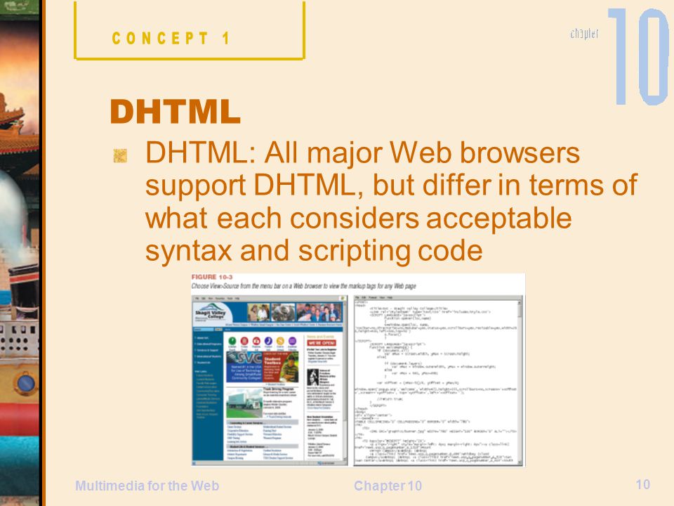 CONCEPT 1 DHTML. DHTML: All major Web browsers support DHTML, but differ in terms of what each considers acceptable syntax and scripting code.