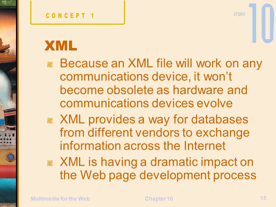 CONCEPT 1 XML. Because an XML file will work on any communications device, it won’t become obsolete as hardware and communications devices evolve.