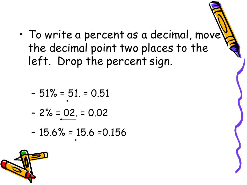 To write a percent as a decimal, move the decimal point two places to the left. Drop the percent sign.