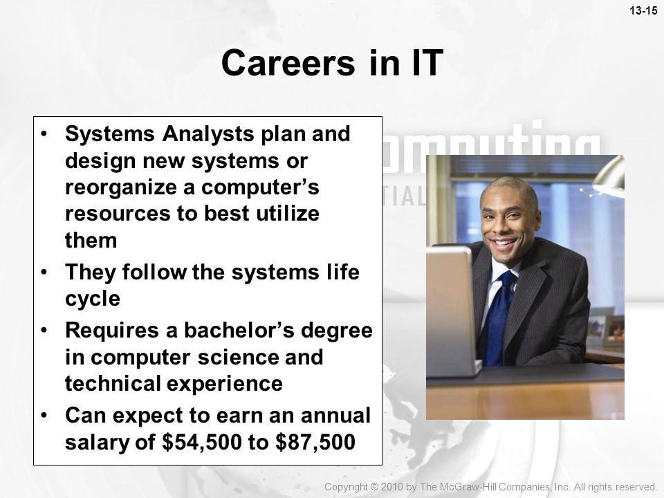Careers in IT Systems Analysts plan and design new systems or reorganize a computer’s resources to best utilize them.