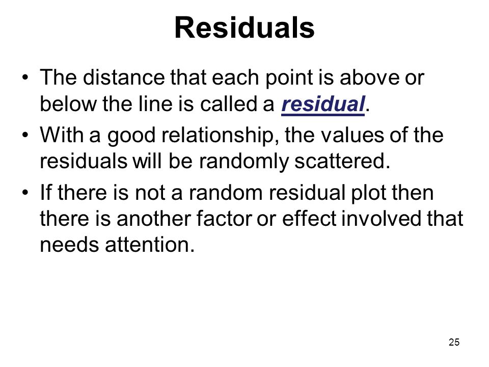 Residuals The distance that each point is above or below the line is called a residual.