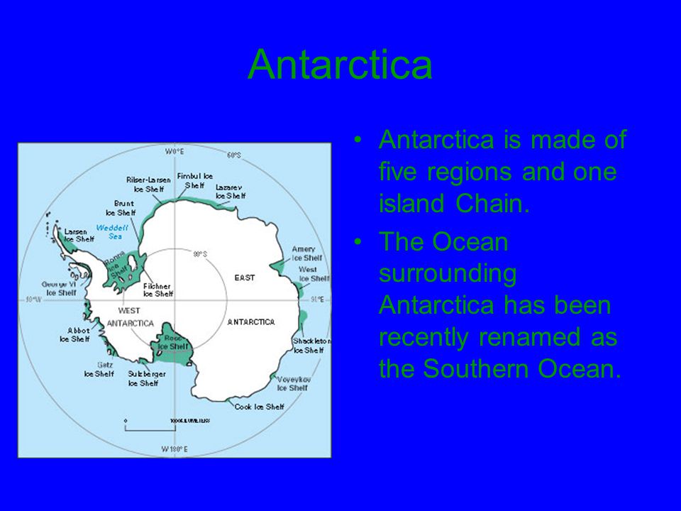 Antarctica Antarctica is made of five regions and one island Chain.