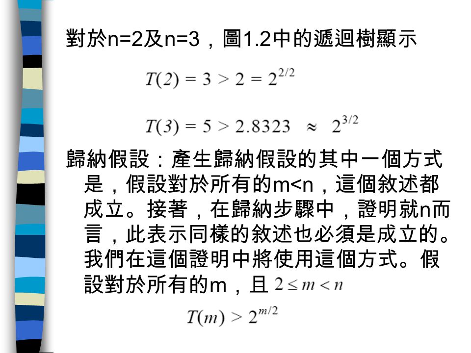 對於n=2及n=3，圖1.2中的遞迴樹顯示 歸納假設：產生歸納假設的其中一個方式是，假設對於所有的m<n，這個敘述都成立。接著，在歸納步驟中，證明就n而言，此表示同樣的敘述也必須是成立的。我們在這個證明中將使用這個方式。假設對於所有的m，且