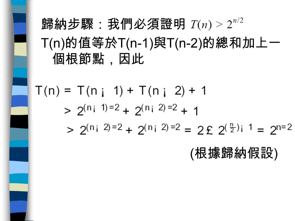 歸納步驟：我們必須證明 。 T(n)的值等於T(n-1)與T(n-2)的總和加上一個根節點，因此 (根據歸納假設)