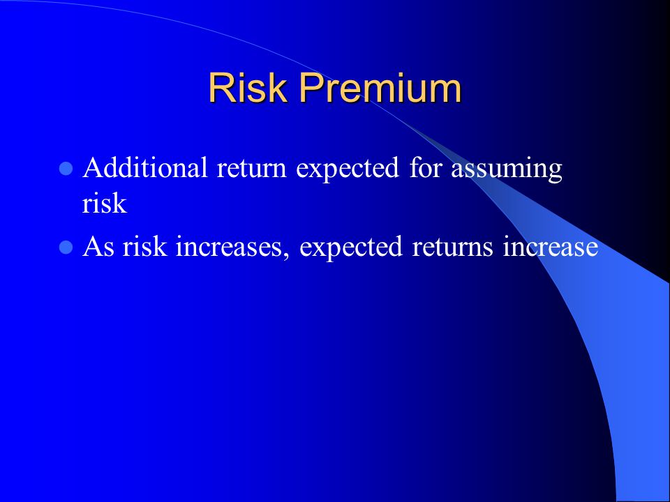 Risk Premium Additional return expected for assuming risk