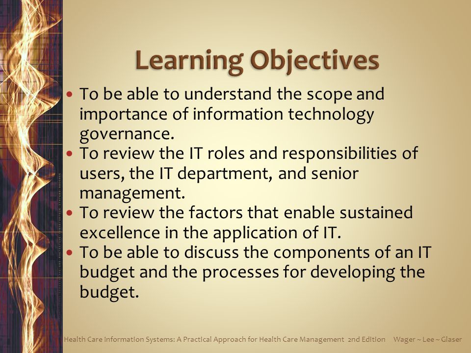 Learning Objectives To be able to understand the scope and importance of information technology governance.