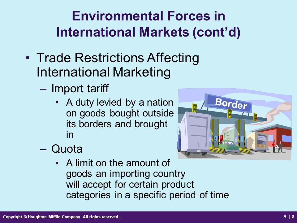 Environmental Forces in International Markets (cont’d)