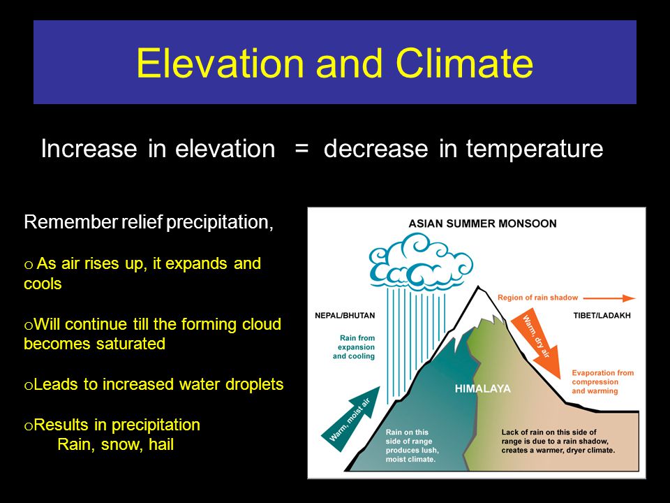 Elevation and Climate Increase in elevation = decrease in temperature