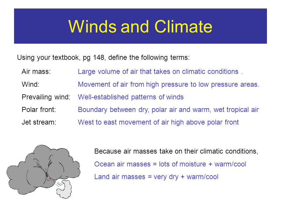 Winds and Climate Using your textbook, pg 148, define the following terms: Air mass: Wind: Prevailing wind: